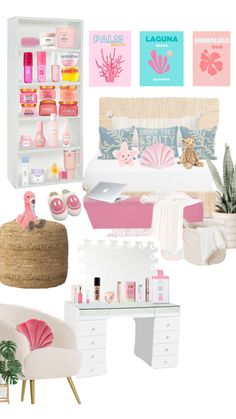 a collage of pink and white items including a bed, desk, chair, bookshelf