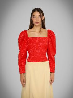 Structured red jacquard blouse with a square neckline. Balloon sleeves. Featuring an open back that ties with two adjustable back straps. Jacquard Blouse, Blouse Sale, Puff Sleeve Blouse, Square Necklines, Red Blouses, Balloon Sleeves, Back Strap, Square Neckline, Open Back