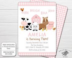 a pink and white barnyard baby shower card with farm animals on it, including two cows