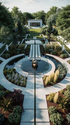 an aerial view of a circular garden area