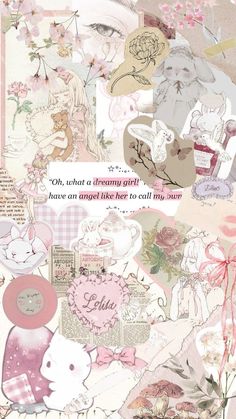 a collage of pink and white images with words on the bottom, including an elephant