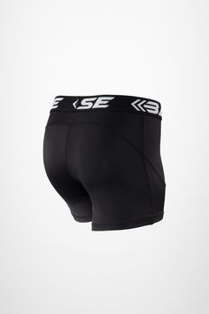 the side view of a pair of men's boxer shorts in black and white