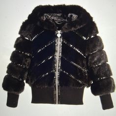 Armani Girls Fancy Black Faux Fur Hooded Jacket Navy Blue Chiffon Dress, Fur Hoodie Jacket, Fur Hooded Jacket, Faux Fur Hooded Jacket, Armani Kids, Western Clothes, Armani Jacket, Fur Hood Jacket, Jacket With Fur