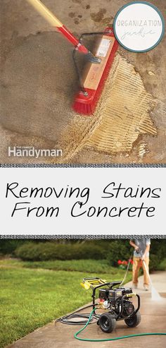 a person using a broom to remove stains from concrete