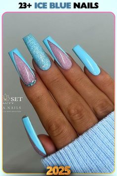 Glamorous ice blue nails with glitter accents for a high-impact look. Ideal for bold celebrations or whenever you want to make a stylish statement.