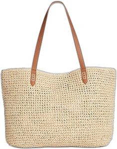 Casual Shoulder Bag For Travel, Large Rectangular Shoulder Bag For Summer, Large Rectangular Summer Shoulder Bag, Casual Beige Beach Tote Bag, Casual Woven Shoulder Bag, Casual Beige Tote Beach Bag, Casual Vacation Crochet Bag With Braided Handles, Casual Crochet Bag With Braided Handles For Vacation, Casual Everyday Beach Bag With Braided Handles