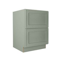 a green cabinet with two drawers on the bottom and one drawer in the middle, against a white background