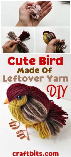 the instructions for how to make a cute bird made out of leftover yarn