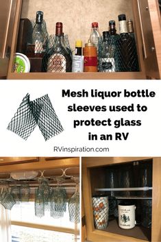 the inside of a cabinet with bottles and glasses in it