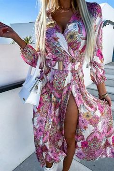 Women's Party Print Long Sleeve V Neck Fashion Elegant Slit Maxi Dress Geometric Patchwork, Mode Prints, Summer Prints Fashion, Streetwear Dress, Beach Party Dress, Boho Mode, Printed Casual Dresses, Mode Boho, Dress Sleeve Styles