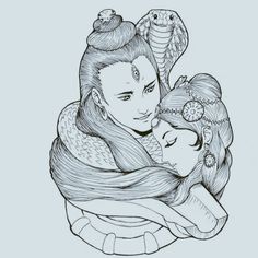 a drawing of two women with snakes on their heads, one is hugging the other