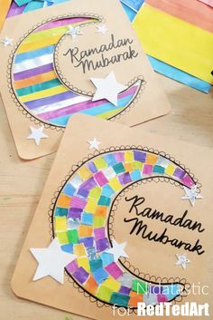 three colorful paper crafts with the name rama mubarak written on them and stars