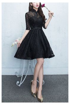 Modest Black Lace Tea Length Homecoming Dress With Sleeves Black Midi Dress For Wedding And Prom Season, Black Knee-length Lace Wedding Dress, Black Lace Dress For Wedding And Prom Season, Black Lace Midi Dress For Prom, Black A-line Lace Dress For Formal Occasions, Formal Black Knee-length Lace Dress, Black Lace Dress For Prom Season, Formal Black A-line Lace Dress, Black Lace Knee-length Wedding Dress