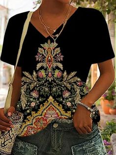 Product Title :Casual Loose Ethnic V Neck T-Shirt Product Measurements cm Size US Waist Bust Hip S 6-8 70-74 88-92 96-100 M 10 75-78 93-96 101-104 L 12 79-84 97-102 105-110 XL 14 85-90 103-108 111-116 XXL 16 91-96 109-114 117-122 Product Details Clothes Length:Regular Sleeve Length:Short sleeve Edition type:Loose Elasticity:No Elasticity Silhouette:H-Line Thickness:Lightweight Size Type:Regular Size Neckline:V neck Activity:Daily Material:Jersey Pattern:Ethnic Style:Casual Theme... Linen Fashion, Mens Casual Dress, Casual Tops For Women, Tees For Women, Casual Lace, Boho Stil, Shirt Fashion, Blouse Vintage, Fashion Summer