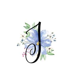 the letter j with flowers and leaves is painted in watercolor on a white background