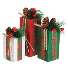 two wrapped presents with pine cones on top