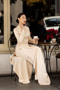 Joyous A-line Pleated Shoulder Silk Floor Length Ao Dai - MEAN BLVD Ettiquette For A Lady, Mean Blvd, Yellow Beige, Modest Outfits, Traditional Outfits, Look Fashion, Chic Outfits, Floor Length