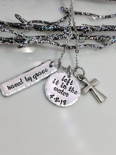 Teen Baptism-Religious Necklace-Gift for Her-Christian Necklace-StampedLeft It In The Water-Baptism Gift-Baptism Necklace-Saved by Grace #necklace #jewelry #baptism #jewellery Baptism Necklace, Water Baptism, Chain Messages, Necklace Christian, Cute Cross, Christian Necklace, Birthday Gifts For Teens, Hand Stamped Necklace