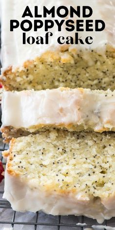 two slices of poppy seed loaf cake on a cooling rack