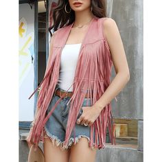 Material: This fringed vest is made of high quality fabric, which is soft and durable. When you receive the sleeveless tank top, run your fingers through your bangs to keep them straight Trendy Summer Fringe Outerwear, Trendy Summer Outerwear With Fringe, Vintage Spring Vest Outerwear, Retro Sleeveless Fall Outerwear, Retro Sleeveless Outerwear For Fall, Retro Fitted Sleeveless Outerwear, Fitted Sleeveless Outerwear For Festival, Pink Party Vest For Spring, Retro Fitted Vest For Fall