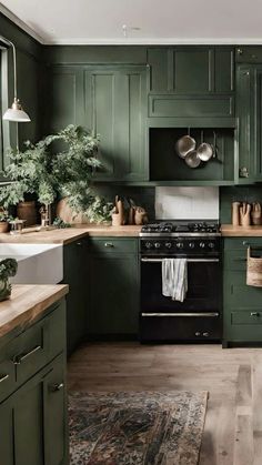 a kitchen with green cabinets and wooden floors