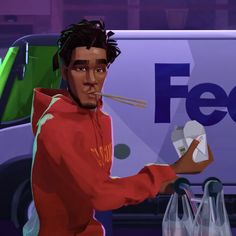 a man in a red hoodie is holding two bags and a fedex truck