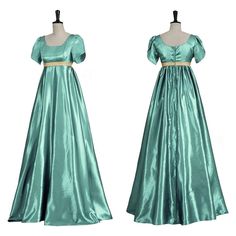 Fabric: Satin   Silhouette: Ball Gown   Neckline: Square Neck   Hemline/Train: Floor-Length   Sleeve: Short Sleeves   Shown Color: Peacock       Size(IN) Waist Bust Hip   XS 23¼-25¼  32-33 33¾-35   S 26-27¼  33¾-35 35¾-37   M 28-29¼  35¾-37 38¼-39   L 31½-33 38¼-40½  41-43   XL 34¾-36½  42¼-44 44-46½    2XL 37-38½  44½-45¾  46¾-48½    3XL 39-44 46-46¾  48¾-52 Regency Style Halloween Fancy Dress, Halloween Satin Dress, Halloween Costume Party Fitted Maxi Dress, Regency Style Fitted Dress For Halloween, Fitted Regency Dress For Halloween, Fitted Regency Style Halloween Dress, Regency Style Fitted Halloween Dress, Fitted Floor-length Gown For Halloween, 1800 Ball Gowns