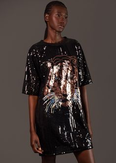 Tiger Head Sequin Tee - Kate Hewko Kate Hewko, Sequin Tee, Statement Hoop Earrings, Tiger Head, Cargo Pocket, Tee Dress, Too Short, Batwing Sleeve, Tank Dress