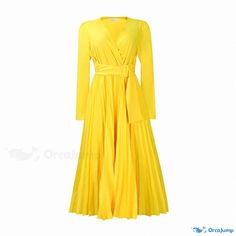 Orcajump - Long-sleeve Tie-waist Solid-color Collared Fitted Pleated Dress Spring Long Sleeve Maxi Dress With Pleated Waist, Long Sleeve Maxi Dress With Fitted Pleated Waist, Fitted Yellow Belted Dress, Spring Long Sleeve Midi Dress With Pleated Waist, Casual Long Sleeve Midi Dress For Cocktail, Casual Long Sleeve Cocktail Midi Dress, Yellow Maxi Dress For Work, Elegant Yellow Maxi Dress For Fall, Solid Color Spring Dress With Fitted Waist