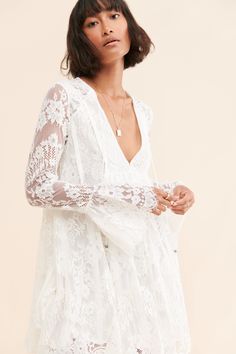 Aurelia Lace Mini Dress | Nuuly Rent Elopement Outfit, Free People White Dress, Long Sleeve Lace Mini Dress, Yellow Bodycon Dress, Boho Dress Short, Lace Ruffle Dress, White Lace Midi Dress