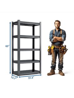 a man standing next to a shelf with tools on it and measurements for the shelves