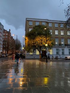 people are walking down the street in the rain