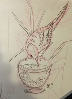 a drawing of a bird drinking out of a bowl