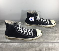 "Up on ETSY for buy is a pair of good condition, Vintage CONVERSE Chucks All Star Black Canvas High Top Men's Shoes Sneakers Kicks. Made in USA. Size marked on bottom outsole is \"12\". Canvas lined. Brown rubber soles. From smoke-free home. Clean inside and out. Approximate Outside Dimensions: 12.75 inches heel to toe by 4.25 inches across the ball of footwear. Sold as is gently used.  Please check out the pictures. If you need more pictures or information regarding the item, please send them t All Star Black, Top Shoes For Men, Converse Chucks, Vintage Converse, Digital Closet, Star Black, Converse All Star, Black Canvas, Shoes Trainers