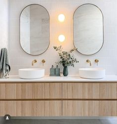 there are two sinks in the bathroom with mirrors on the wall above them and a plant next to it