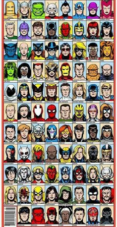 an image of many different characters from the avengers comics, all in various colors and sizes