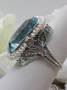 Aquamarine Ring, Sky Blue gem with Seed Pearl Frame, Silver Leaf Filigree, Victorian Jewelry D234 Leaf Filigree, Seed Pearl Ring, Mystic Fire Topaz, Antique Style Rings, Aquamarine Gem, Aquamarine Ring, Pearl Design, Sterling Silver Filigree, Aquamarine Rings