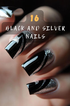 Need nails that wow at any event? Click for chic black and silver nail designs perfect for making a statement. 🌌✨ #ChicNails #EventReady #StatementNails #Manicure #NailTrends Silver French Manicure Nails, Black And Silver Elegant Nails, Black Sparkly Christmas Nails, Black And Silver Glitter Nail Designs, Silver And Black Glitter Nails, Nye Nail Ideas Black, Black And Silver Nail Designs Ideas, Classy Black Nails Almond, Black Christmas Acrylic Nails