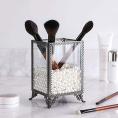 Makeup Brush Pot Glass & Metal Frame Desktop Tidy Pen Holder Dressing Room Table Organizer Glam Home Decoration, Storage Scope, cosmetics makeup brushes, pen, jewelry accessories, mobile phones. Crystal Clear Makeup, Makeup Brush Organizer, Brush Organizer, Clear Makeup, Crushed Diamonds, Makeup Brush Organization, Fake Diamond, Makeup Holder, Makeup Brush Holder