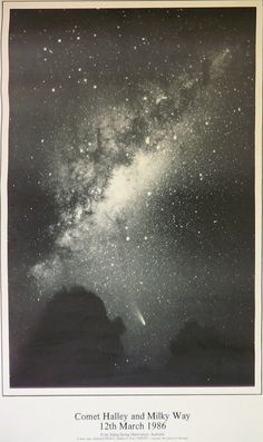 an old black and white photo of the night sky with stars in it, as well as text that reads comet haley and milky way 13th march 1960