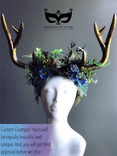 "Choose between Horns or Antler Style! Our forest and nature inspired Enchanting headdress is approx 18\" across in length, lightweight Faux Sturdy Resin/Plastic composition Base and can be customized in any color and embellishments to match your costume. This piece is worn on the head and comes with stretchable elastic in the back. Image 1 - This is an example of our Floral Theme in deep purple shade florals Image 3 - This is an example of our Forest Theme in Celestial Blue shade Image 7 & 9 - Horned Fantasy Headpiece For Festival, Adjustable Horned Fantasy Headpiece, Fantasy Horned Headpiece For Festival, Bohemian Headpieces For Halloween Fantasy Events, Fantasy Style Tall Crown Adjustable Headband, Forest Fairy Costume Diy, Woodland Witch Costume, Enchanted Forest Costume, Forest Headdress