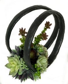 an arrangement of green flowers and black curved rings on a white background with text overlay