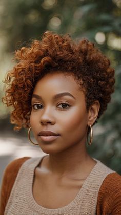 Autumn Hair Colors for Black Women TWA Burnt Orange Curls Tapered Twa 4c Hair, Ginger Natural Hair Black Women, Twa 4c Hair, Autumn Hair Colors, Natural Hair Bob Cut, Short Curly Afro, Hair Colors For Black Women, Colors For Black Women, Hair Fan