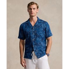 In a lightweight blend of linen and mulberry silk this shirt features an anchor-and-rope motif that is inspired by a vintage Japanese print. Blue Linen Camp Shirt For Vacation, Casual Printed Linen Shirt, Casual Navy Linen Top, Ralph Lauren Casual Summer Shirt, Modern Preppy Style, Modern Preppy, Japanese Print, Button Outfit, Label Machine