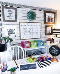 the desk is organized and ready to be used as an office space for someone's school