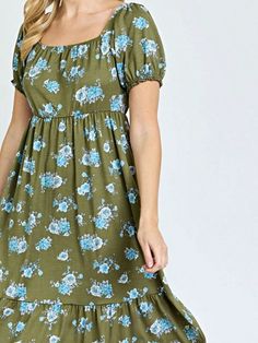 Olive Green Boho Collar Short Sleeve Knitted Fabric Colorblock,Floral,Tropical,Plants,All Over Print A Line Embellished Medium Stretch  Women Clothing Boho Retro, Boho Green, Women Long Dresses, Ditsy Floral, Tropical Plants, Dress P, Boho Dress, Square Neck, All Fashion