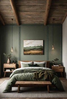 a bedroom with green walls and wooden furniture in the corner, along with a large painting on the wall