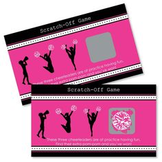 two pink business cards with black and white silhouettes on the front, one is for scratch - off game