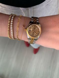 Bracelets And Watches Layered, Bracelet With Watch Layering, Bracelets With Watches Layering, Gold Jewelry Layered, Paper Clip Bracelet, Dior Watch, Bridal Mehendi, Fancy Watches, Expensive Jewelry Luxury