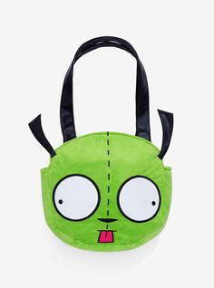 Headed out to meet your bestie GIR? Then you're gonna need this bag to pack all the snacks! From Invader Zim  this tote bag features a plush design of GIR's face plus 3D detailing for his ears. Comes with an interior drop pocket and snap-button closure. Cute Green Shopping Bags, Cute Green Bags For Shopping, Cute Green Softback Bag, Fun Green Shoulder Bag For School, Fun Bags For Daily Use And Back To School, Cute Green Bags For Back To School, Fun Green Back-to-school Bag, Green Fun Bag For Back To School, Fun Green Bag For Back To School